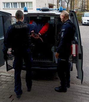 Zdjęcie osoby zatrzymanej oraz dwóch policjnatów.