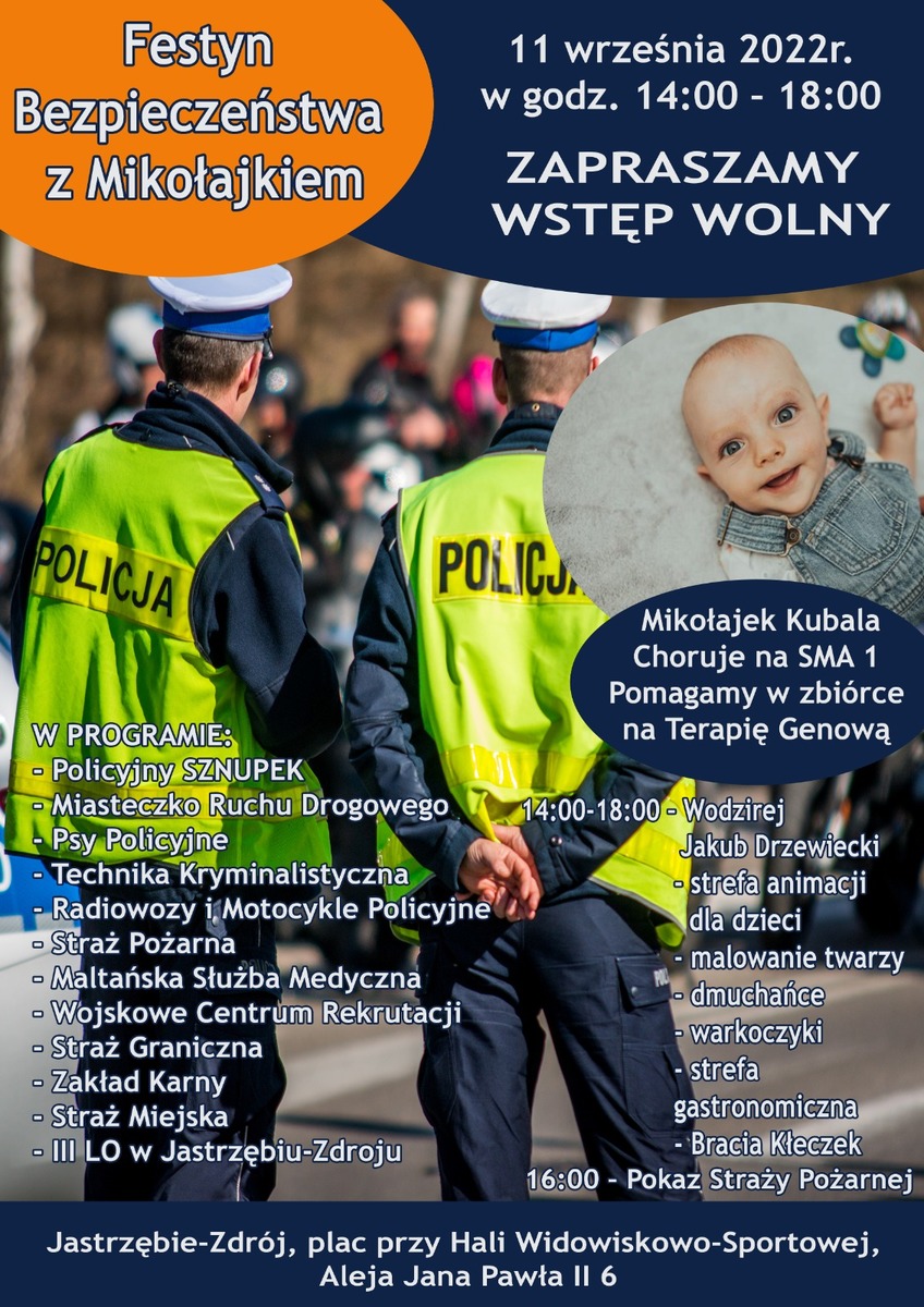 Plakat na którym widać policjantów oraz Mikołajka Kubala.