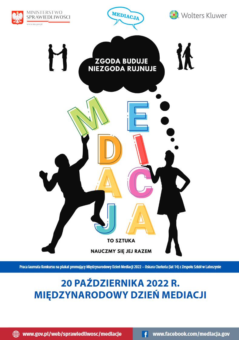 Zdjęcie przedstawiające plakat na którym widnieje napis mediacje oraz widoczne są sylwetki kilku osób.