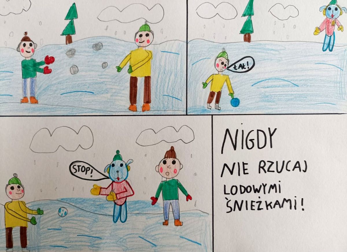 Zdjęcie przedstawiające komiks na którym widnieje chłopiec i Sznupek.  Chłopiec rzuca lodowatymi śnieżkami.