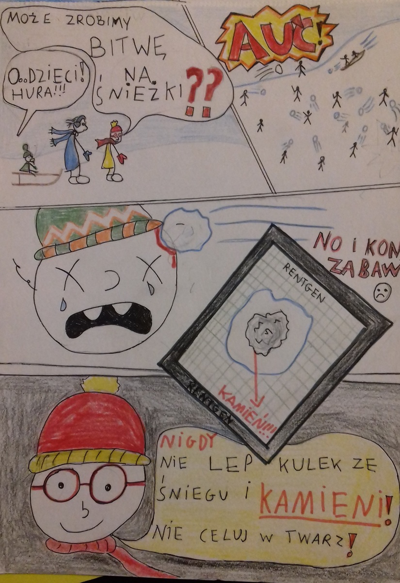 Zdjęcie przedstawiające postacie bawiące się śnieżkami.