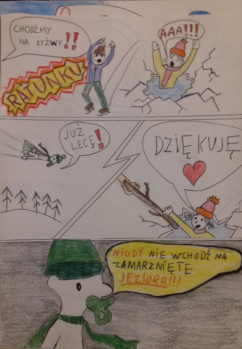 Zdjęcie kolorowe przedstawiające postacie bawiące się na niebezpiecznym zamarzniętym jeziorze.