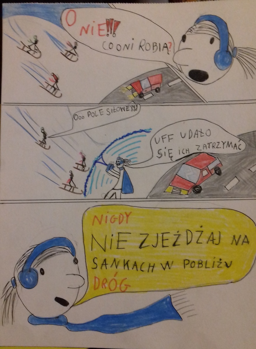Zdjęcie przedstawiające postacie bawiące się na górce, która znajduje się blisko jezdni, gdzie zjazdy są niebezpieczne.