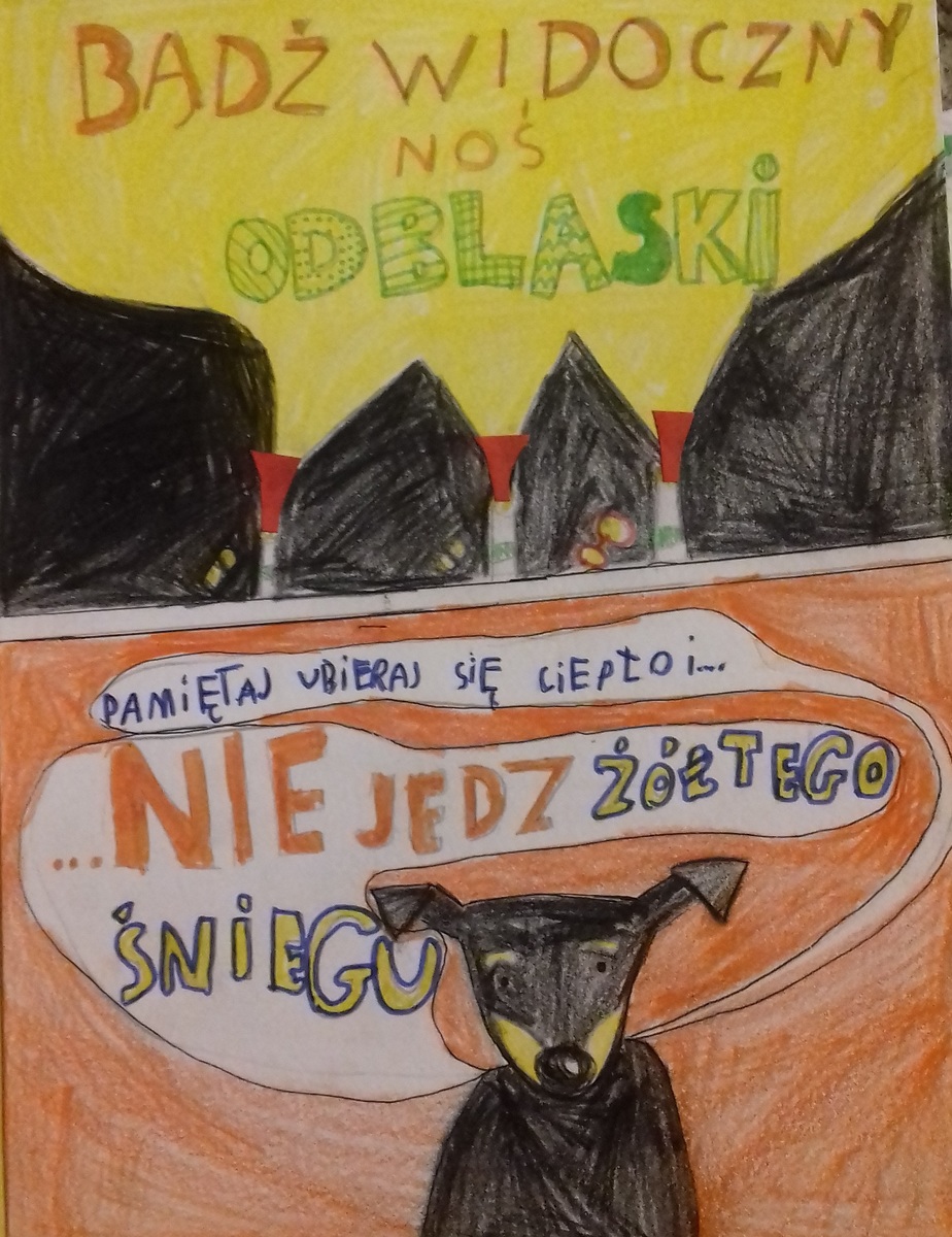 Zdjęcie przedstawiające psa bohatera, kóry przypomina o noszeniu odblasków.