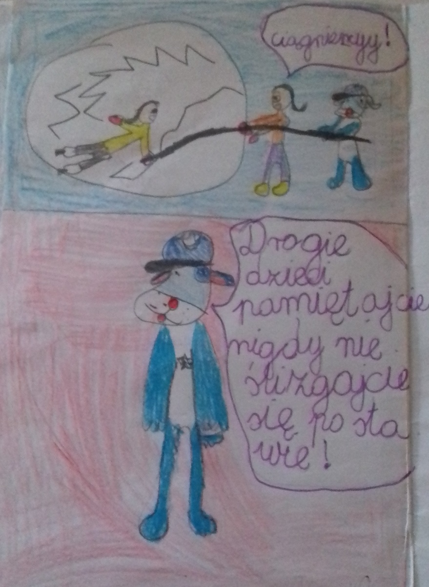 Zdjęcie przedstawiające dziewczynkę i |Sznupka, którzy pomagają chłopcu  wydostać z pękającego lodu.