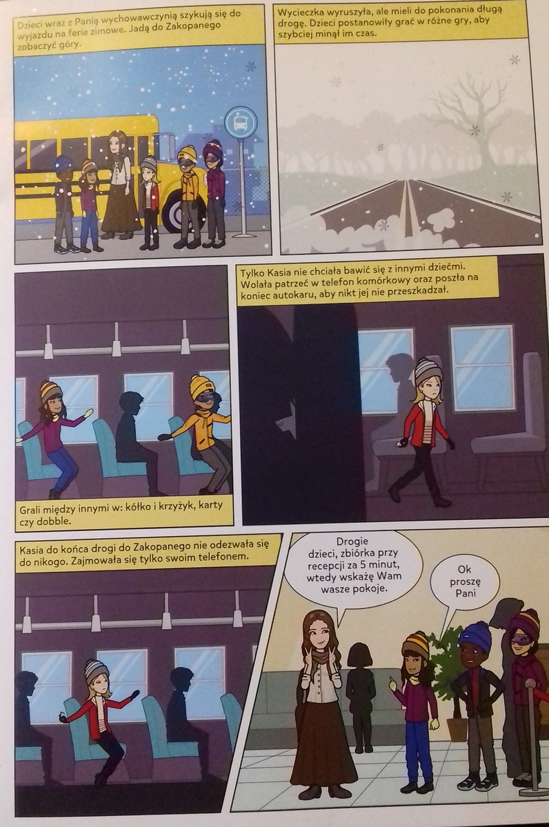 Pierwsza strona komiksu przedstawia dzieci i Panią, które jadą pociągiem na zimowisko.
