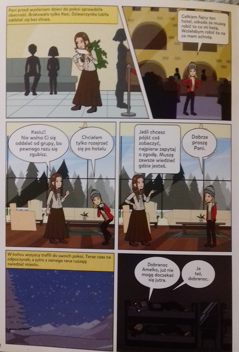 Trzecia strona komiksu przedstawiająca dzieci i Panią w hotelu, oraz rozmowę Pani z dziewczynka że nie można się oddalać.