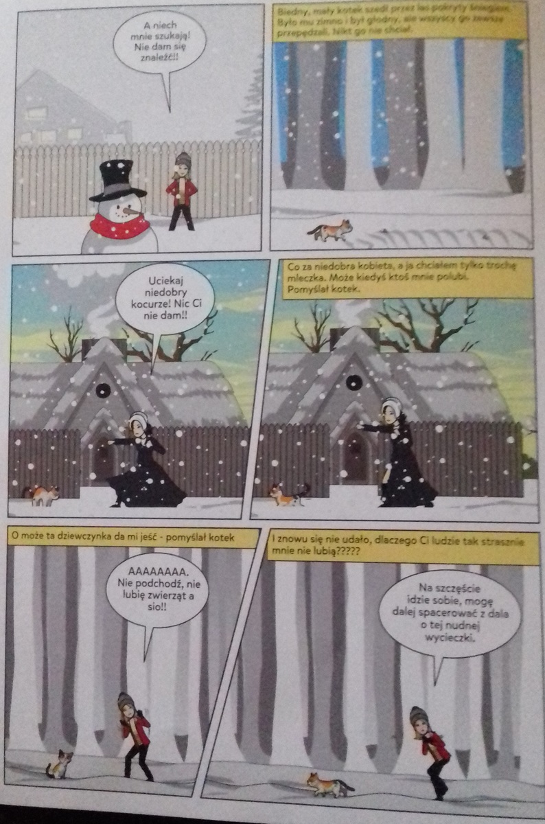 Piąta strona komiksu przedstawia dziewczynkę, która odłączyła się od grupy i na swojej drodze spotyka kotka.
