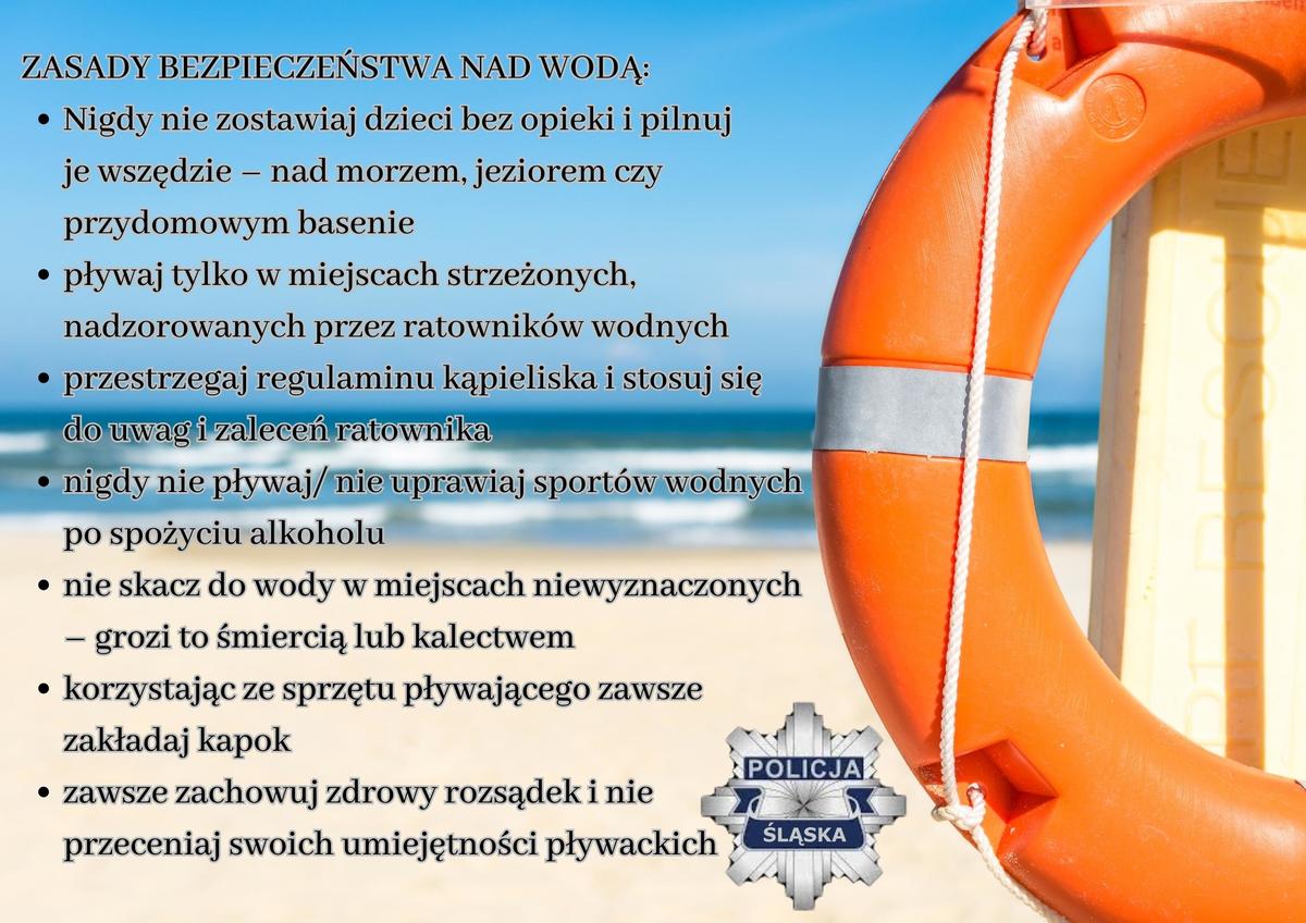 Plakat przedstawiający zasady bezpiecznego zachowania nad wodą.