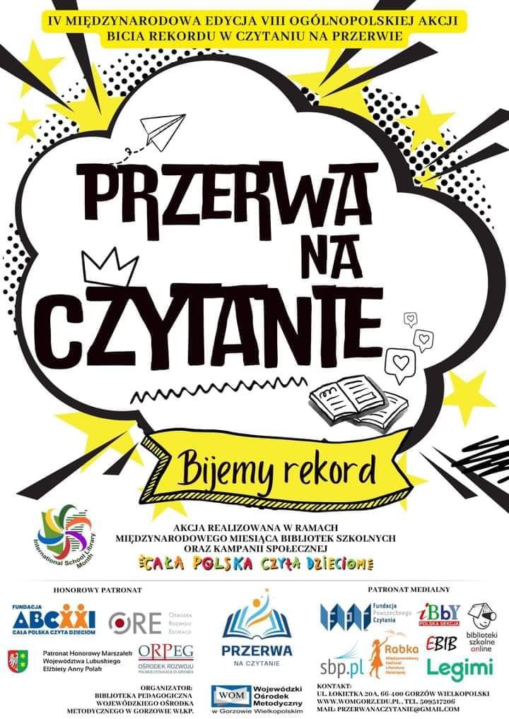 Zdjęcie plakatu na którym widnieje informacja o konkursie Bicia Rekordu w Czytaniu.