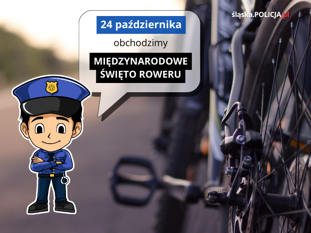 Plakat na którym widnieje rower oraz postać policjanta. 