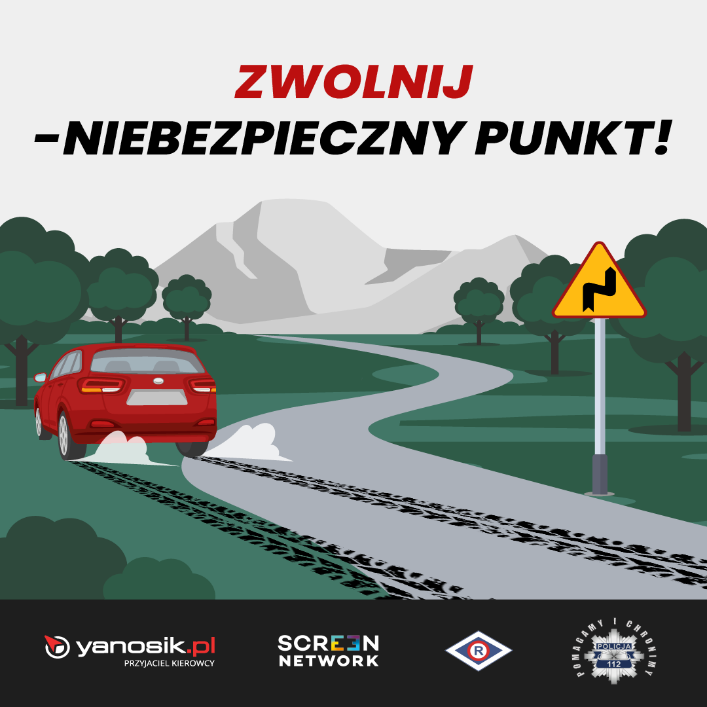 Plakat z samochodem i drogą.