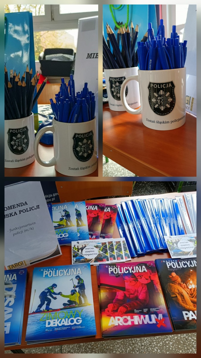 Gadżety policyjne w postaci długopisów, kubków, bidonów.