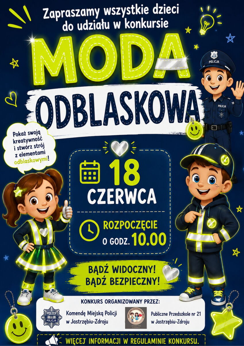 Plakat na którym widać postać policjanta, dziewczynki oraz chłopca.