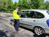 Zdjęcie kolorowe. Przedstawiające policjanta, który kontroluje pojazd.