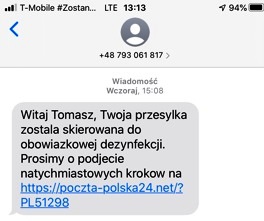 Zdjęcie kolorowe, przedstawiające treść wiadomości sms.