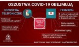 Zdjęcie kolorowe, przedstawiające plakat mówiący o metodach oszustwa na COVID-19.