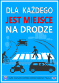 Zdjęcie przedstawiające plakat na którym widnieją różne pojazdy  oraz piesi i rowerzyści.