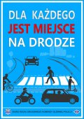 Plakat przedstawiający pieszego oraz różne pojazdy.