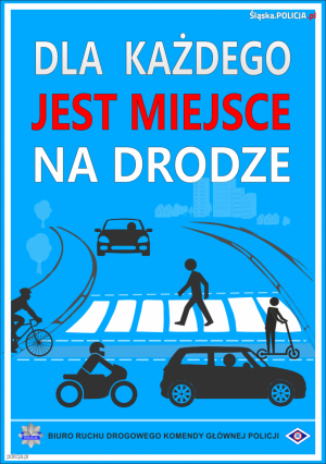 Plakat przedstawiający pieszego ni pojazdy.