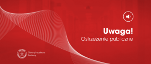 Zdjęcie przedstawiające plakat z napisem, &quot;Uwaga, ostrzeżenie publiczne&quot;.