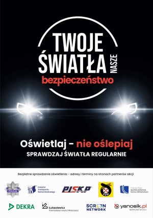 Plakat przedstawiający światła pojazdu świecące w ciemności.