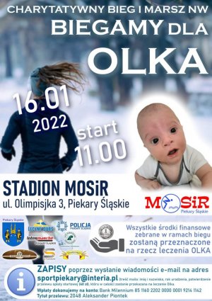 Zdjęcie przedstawiające plakat na którym widać małego Olka oraz biegnącą kobietę.