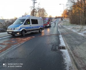 Zdjęcie przedstawiające radiowóz oraz uszkodzony pojazd.