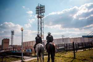 Zdjęcie przedstawiające policję konną.