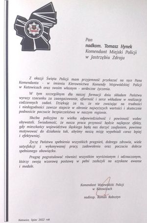 Zdjęcie przedstawiające list gratulacyjny od Pana Komendanta Wojewódzkiego.