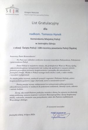 Zdjęcie przedstawiające list gratulacyjny od Pana Posła na Sejm Rzeczypospolitej Polskiej - Grzegorza Matusiaka.