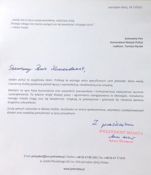 Zdjęcie przedstawiające list gratulacyjny od Pani Prezydent Miasta Jastrzębie-Zdrój – Annę Hetman.