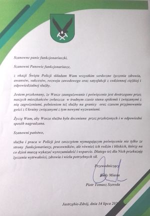 Zdjęcie przedstawiające list gratulacyjny od Pana Przewodniczącego Rady Miasta – Piotra Szereda.