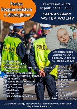 Plakat przedstawiający policjantów oraz Mikołajka Kubala.