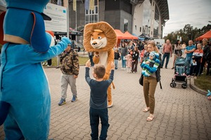 Zdjęcie przedstawiające Sznupka oraz pluszowego lwa.