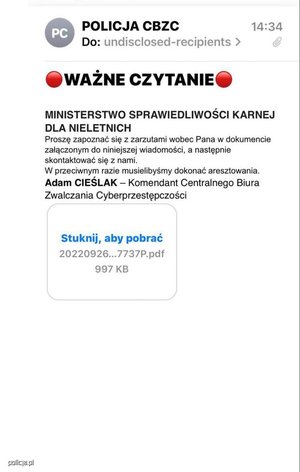 Zdjęcie treści wiadomości na telefonie służbowym.