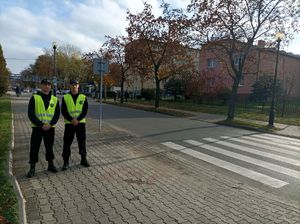 Zdjęcie kolorowe przedstawiające uczniów klas mundurowych przy przejściu dla pieszych.