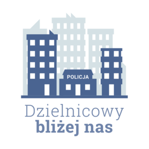 Plakat przedstawiające zarys domu i napis &quot;Dzielnicowy Bliżej Nas&quot;.