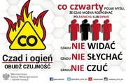 Plakat na którym widnieją cztery sylwetki człowieka oraz zarys ognia.