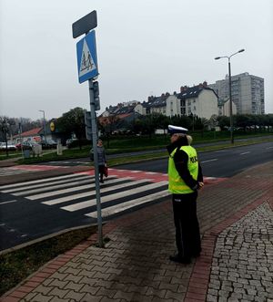 Zdjęcie przedstawiające policjantkę ruchu drogowego stojącą przy przejściu dla pieszych.