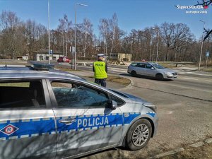 Zdjęcie policjanta i radiowozu w obrębie przejścia dla pieszych.