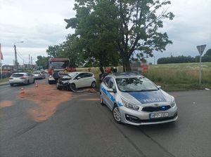 Zdjęcie przedstawiające służby mundurowe oraz samochody uczestniczące w zdarzeniu.