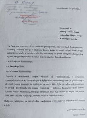 Zdjęcie przedstawiające treść podziękowań dla Pana Komendanta.