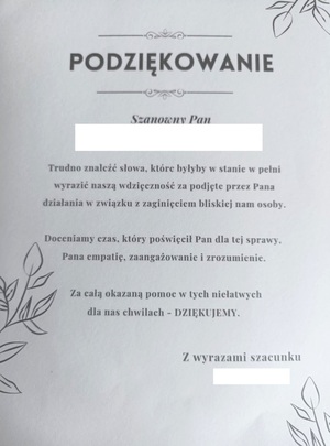 Zdjęcie przedstawiające treść podziękowania dla Policjantów.