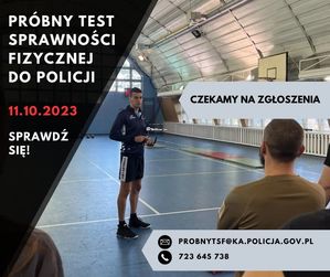 Zdjęcie przedstawiające policjanta oraz osoby zgromadzone na hali sportowej.