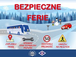 Plakat na którym widnieje autobus, samochód osobowy oraz dzieci.