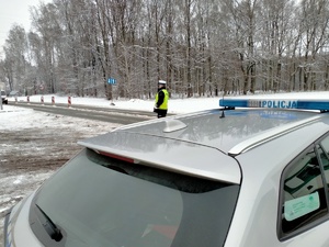 Zdjęcie przedstawiające policjanta oraz radiowóz.