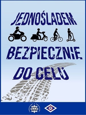 Zdjęcie plakatu na którym widnieje osoba jadąca na hulajnodze, rowerze, motorowerze i motocyklu.