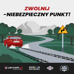 Zdjęcie plakatu na którym widać samochód osobowy, który zjeżdża z drogi na pobocze.