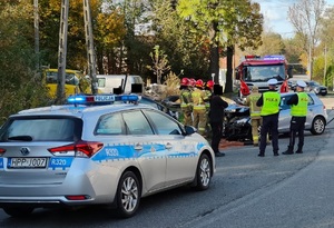 Zdjęcie uszkodzonych pojazdów oraz policjantów, strażaków na miejscu zdarzenia drogowego.